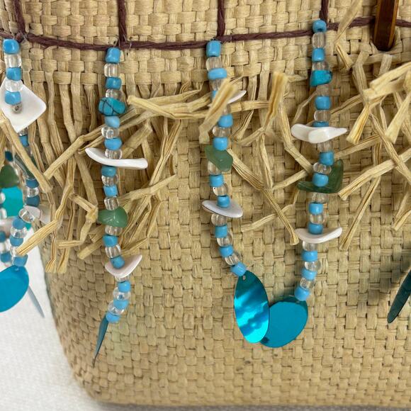 Magid Woven Straw Beaded Fringe Tassel Shoulder Bag Beach Vacation Coastal Boho - Picture 8 of 10